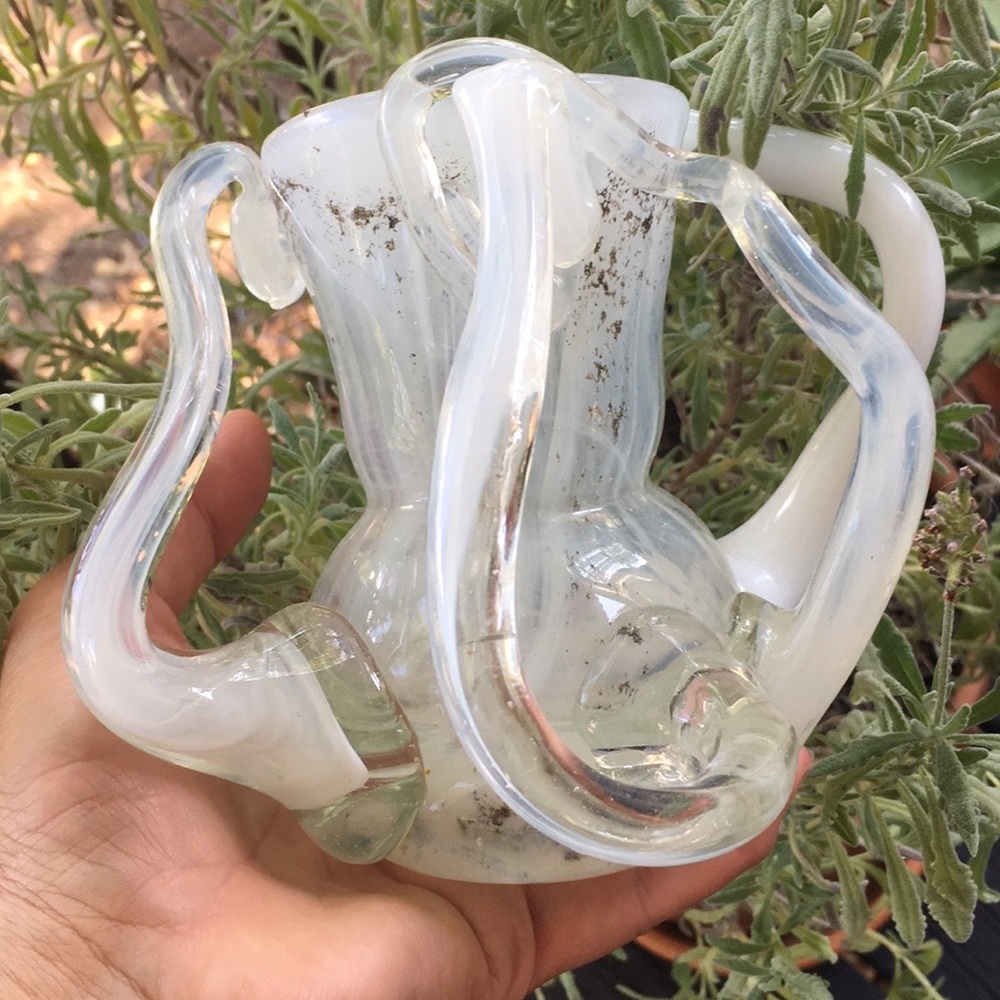 5” tall Handblown vintage one-of-a-kind white milky clear metal fleck heavy vase